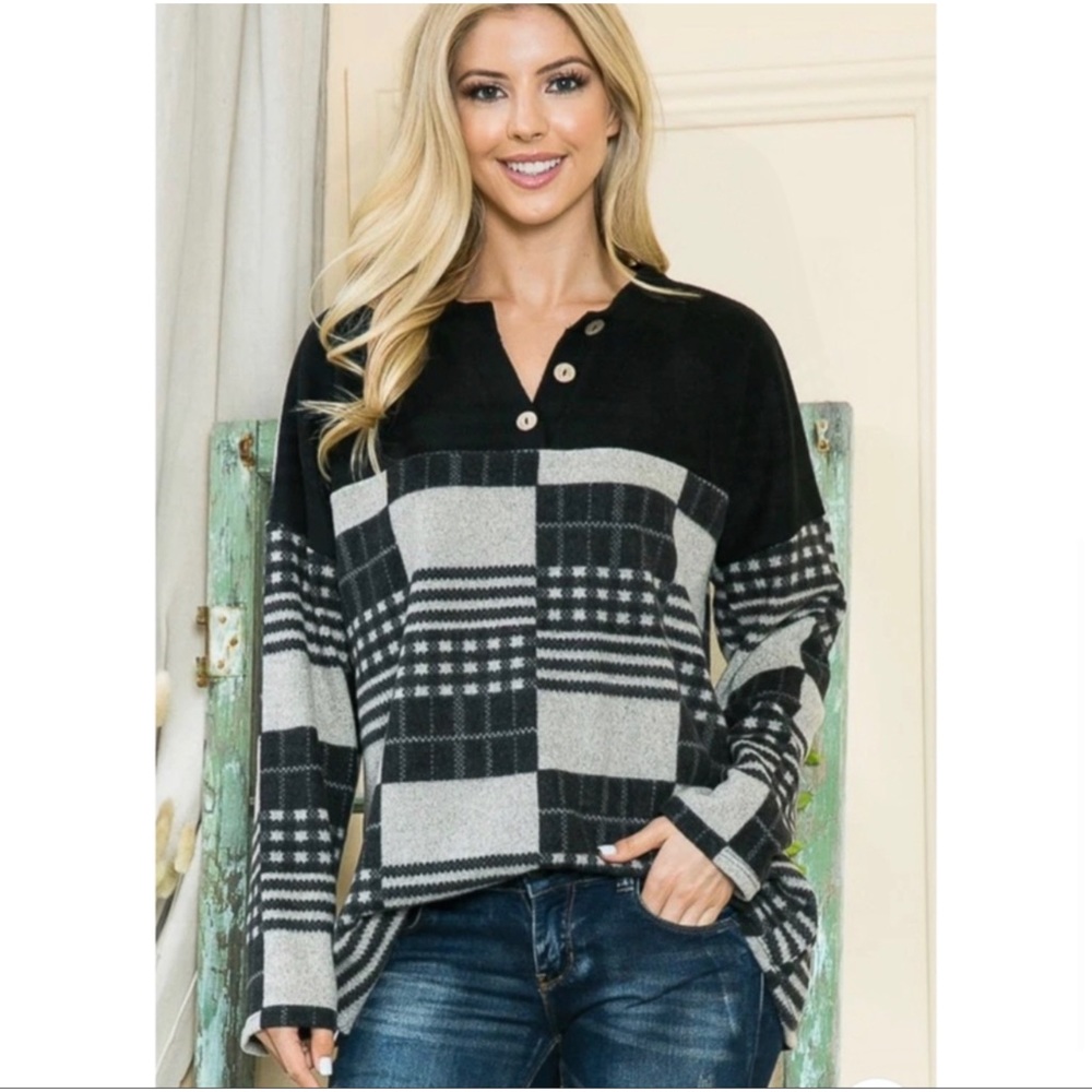 2 LEFT! Brushed Black Plaid Patchwork Top - Picture 5 of 6